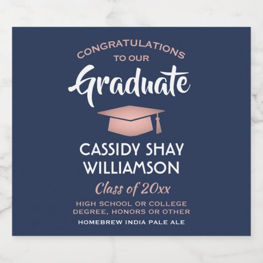 Glückwunsch der Graduierungspartei Navy Blue Pink Bierflaschenetikett (Einzelnes Label)