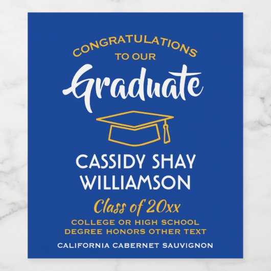 Glückwunsch der Graduierungspartei Royal Blue Gold Weinetikett (Einzelnes Label)