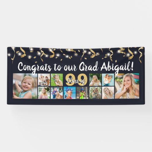 Glückwunsch Grad 12 Foto Collage Black Gold Confet Banner (Horizontal)