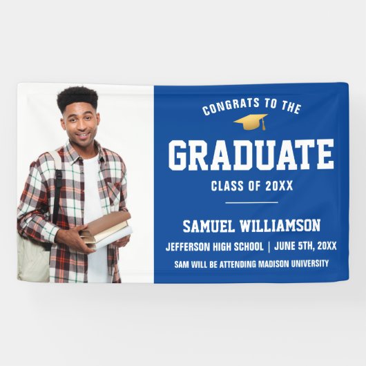 Glückwunsch Grad Foto Blue Gold Graduation Party Banner (Horizontal)