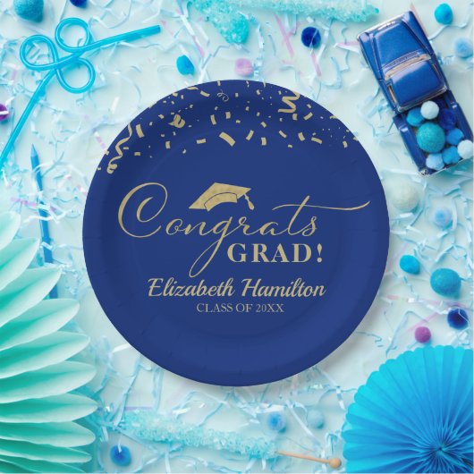 Glückwunsch Grad Gold Script Graduation Party Blue Pappteller (Party)