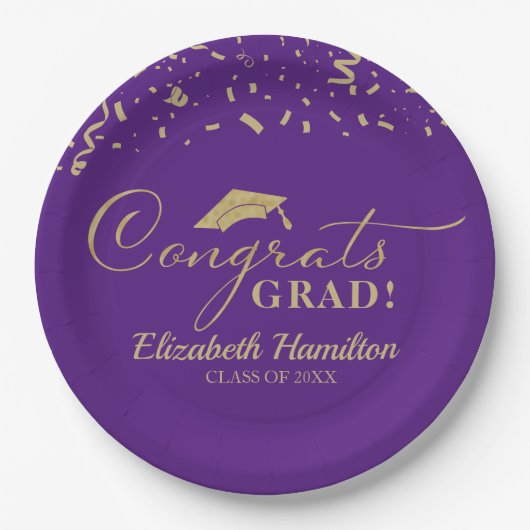 Glückwunsch Grad Gold Script Graduation Party Lila Pappteller (Vorderseite)