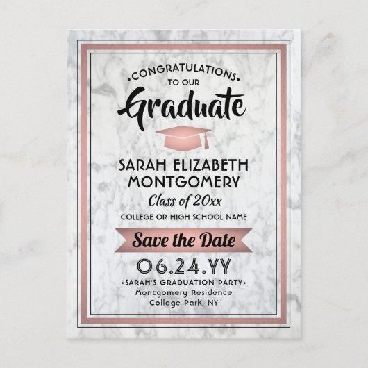 Glückwunsch Grad Marmor und rosa Save the Date Fot Ankündigungspostkarte (Vorderseite)