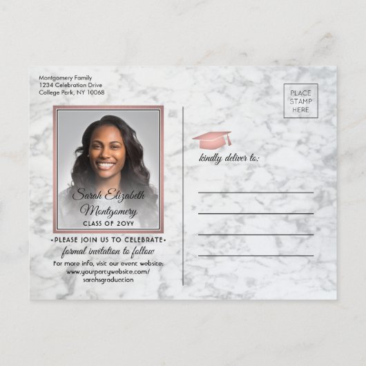 Glückwunsch Grad Marmor und rosa Save the Date Fot Ankündigungspostkarte (Rückseite)