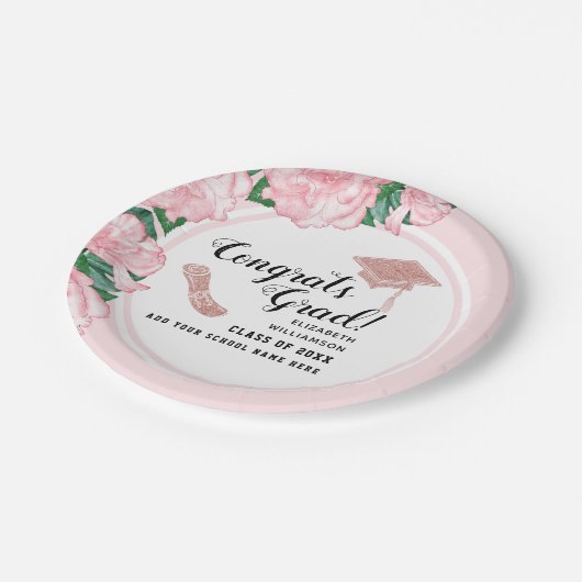 Glückwunsch Grad Weißrosa Abschluss Pappteller (Schrägansicht)