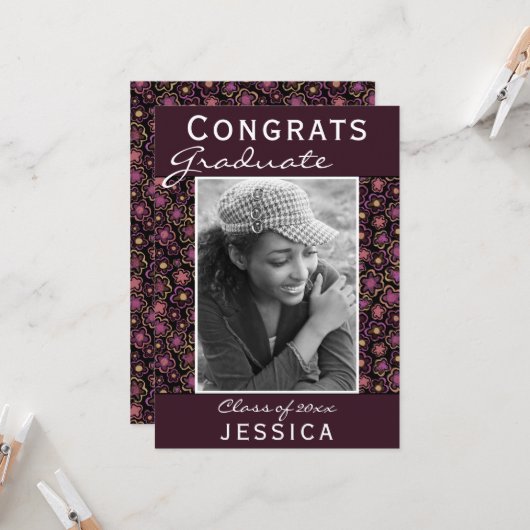 Glückwunsch Graduate Blume Pattern Foto Abschluss Karte (Vorderseite/Rückseite Beispiel)