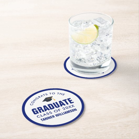 Glückwunsch Graduate Cap Class 20XX Bold Blue Cust Runder Pappuntersetzer (Vor Ort)