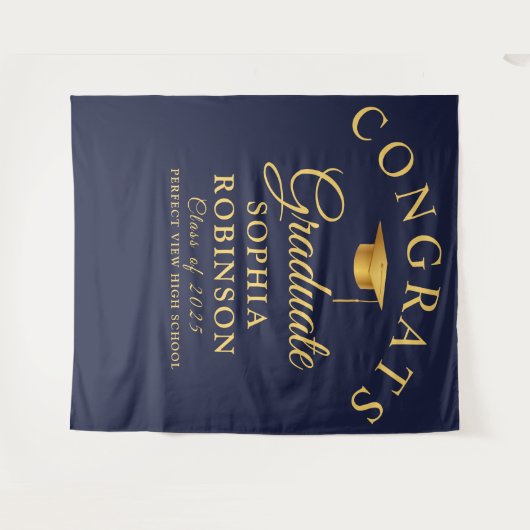 Glückwunsch Graduate Gold Navy Blue Graduation Par Wandteppich (Vorderseite (Horizontal))