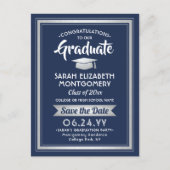 Glückwunsch Graduate Navy Blue Save the Date Foto Ankündigungspostkarte (Vorderseite)