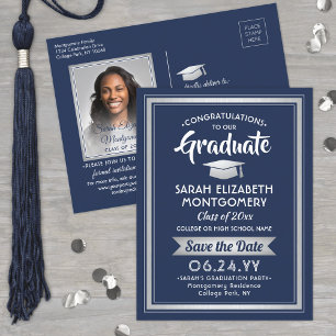 Glückwunsch Graduate Navy Blue Save the Date Foto Ankündigungspostkarte