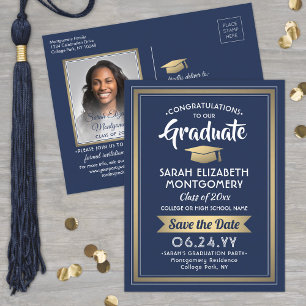 Glückwunsch Graduate Navy & Gold Save the Date Fot Ankündigungspostkarte