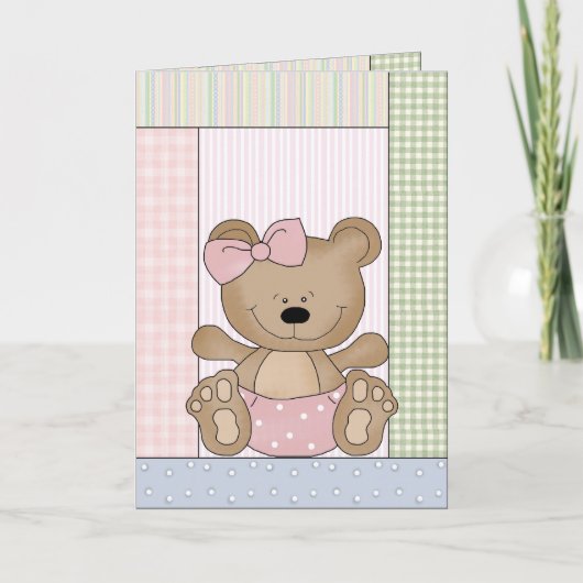 Glückwunsch-Karte: Teddybär mit rosa Bogen Karte (Vorderseite)