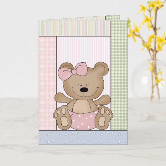 Glückwunsch-Karte: Teddybär mit rosa Bogen Karte (Gelbe Blume)