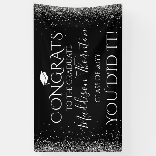 Glückwunsch mit schwarzem und silberfarbenem Glitz Banner (Vertikal)