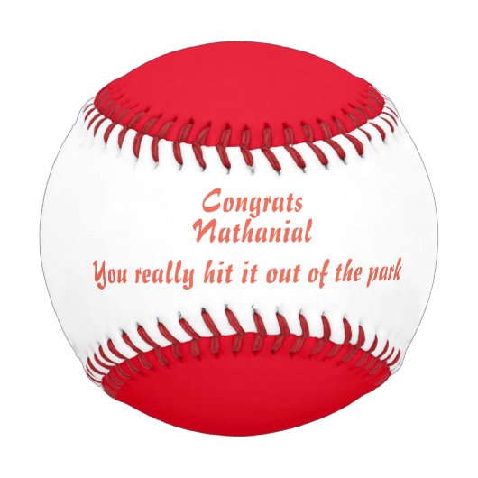 Glückwunsch Name Meldung Red Text Custom Baseball (Vorderseite)