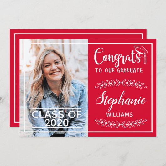 Glückwunsch schreiben modernes rotes Foto Abschlus Ankündigung (Vorne/Hinten)