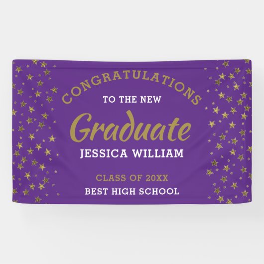 Glückwunsch von lila- und Goldstars Grad Abschluss Banner (Horizontal)