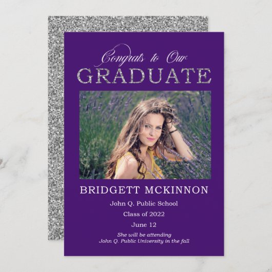 Glückwunsch zu unserem Absolventen Silver Glitzer Ankündigung (Vorne/Hinten)