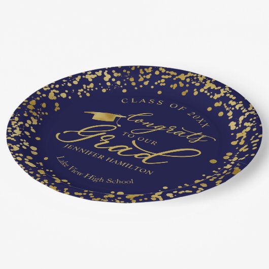 Glückwunsch zu unserem Grad Gold Blue Abschluss Pappteller (Schrägansicht)