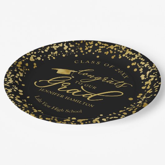 Glückwunsch zu unserem Grand Gold Black Abschluss Pappteller (Schrägansicht)