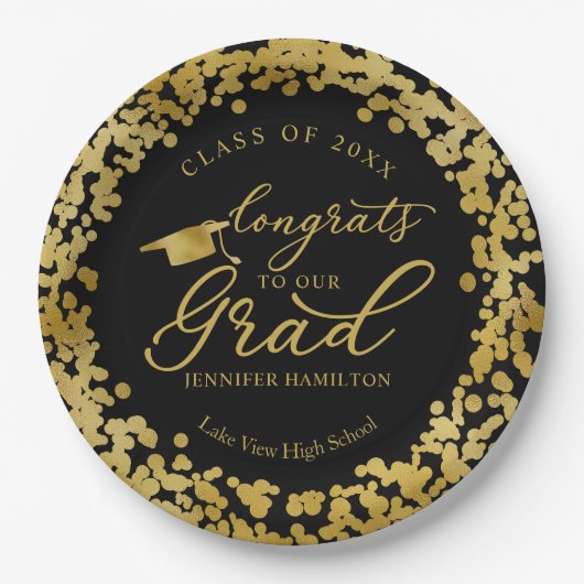 Glückwunsch zu unserem Grand Gold Black Abschluss Pappteller (Vorderseite)