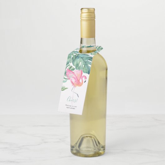 Glückwünsche auf Ihrer neuen Zuhause Rosa Flamingo Flaschenanhänger (Angewinkelt)