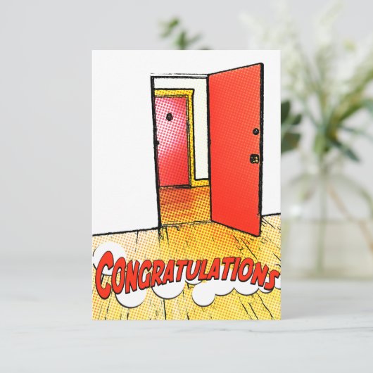 Glückwünsche Comic Tür Einladung (Stehend Vorderseite)