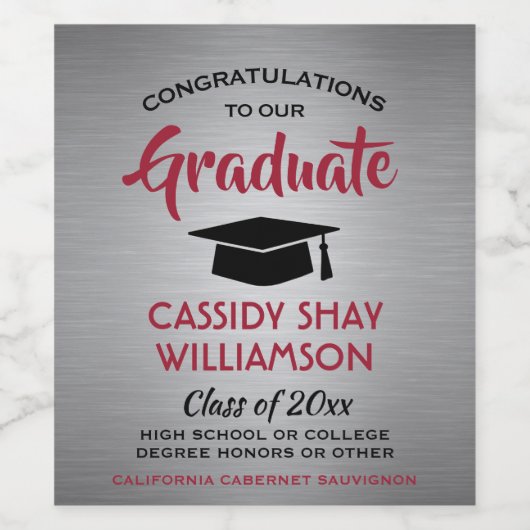 Glückwünsche der Graduierungsparty mit grauem Rot Weinetikett (Einzelnes Label)