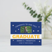 Glückwünsche für das Blue und Gold Abschluss Foto Postkarte (Stehend Vorderseite)