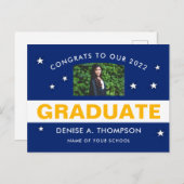 Glückwünsche für das Blue und Gold Abschluss Foto Postkarte (Vorne/Hinten)