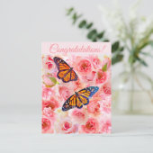 Glückwünsche Rosa Aquarellfarben Rose und Schmette Postkarte (Stehend Vorderseite)