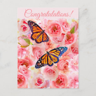 Glückwünsche Rosa Aquarellfarben Rose und Schmette Postkarte