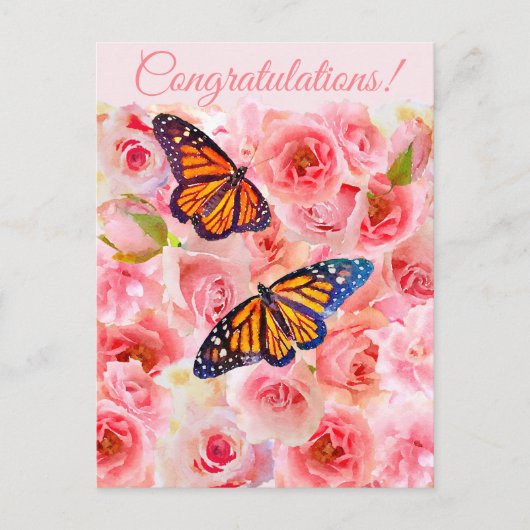Glückwünsche Rosa Aquarellfarben Rose und Schmette Postkarte (Vorderseite)