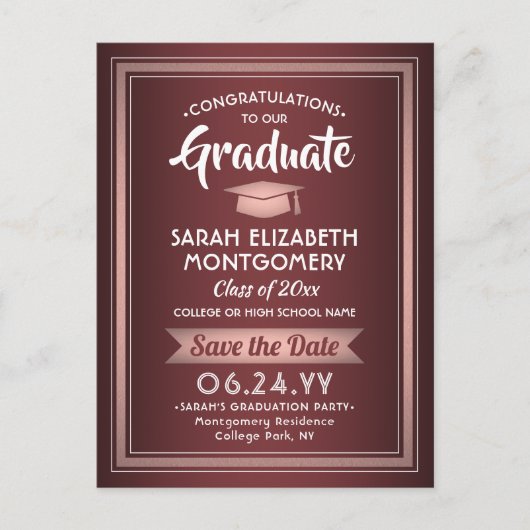 Glückwunschs Grad Burgund & Pink Save the Date Fot Ankündigungspostkarte (Vorderseite)