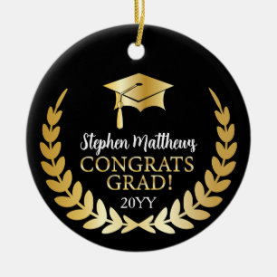 Glückwunschs Grad Laurel Wreath Jahr Name Schwarz Keramik Ornament