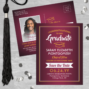 Glückwunschs Grad Maroon & Gold Save the Date Foto Ankündigungspostkarte