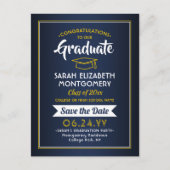 Glückwunschs Grad Navy Blue & Gold Save the Date F Ankündigungspostkarte (Vorderseite)