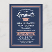 Glückwunschs Grad Navy Blue & Pink Save the Date F Ankündigungspostkarte (Vorderseite)