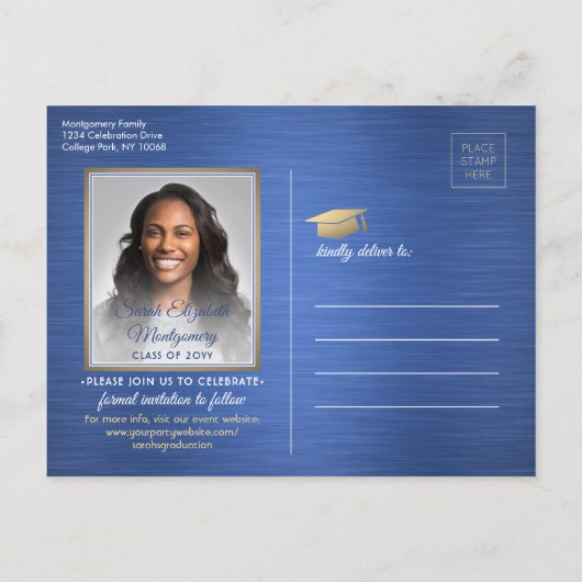 Glückwunschs Graduate Brushed Blue Save the Date F Ankündigungspostkarte (Rückseite)