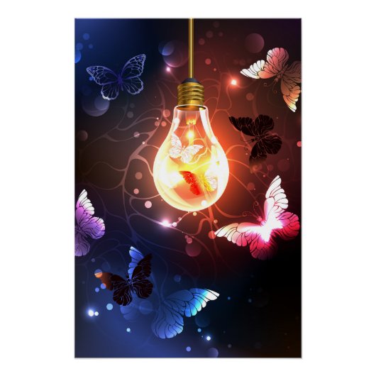 Glühbirne mit Nachtschmetterlingen Poster (Vorderseite)