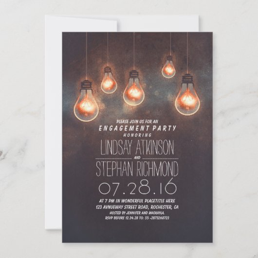 Glühbirnen romantische Verlobungsfeier Einladung (Vorderseite)