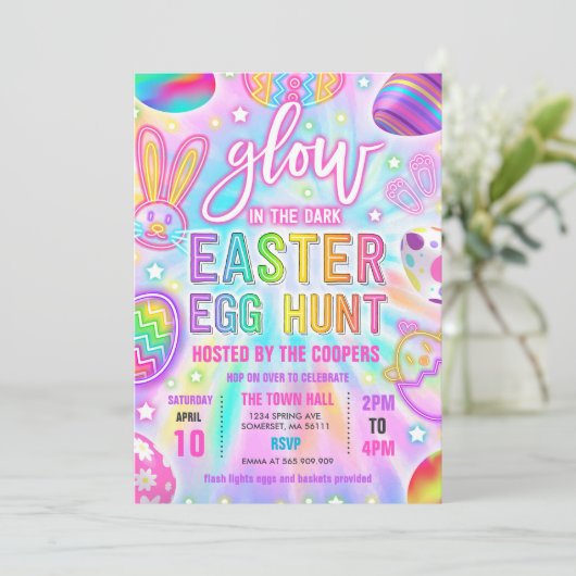 Glühen in der dunklen Neon Gefärbte Krawatte Oster Einladung (Stehend Vorderseite)