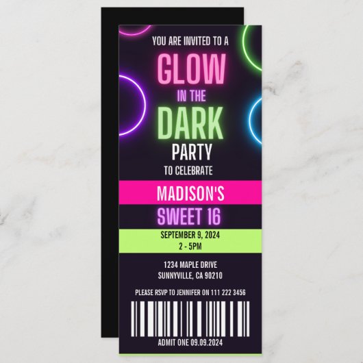 Glühen in der dunklen Neon Sweet 16 Party Ticket Einladung (Vorne/Hinten)