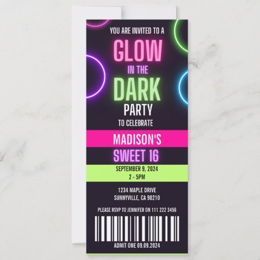 Glühen in der dunklen Neon Sweet 16 Party Ticket Einladung (Vorderseite)