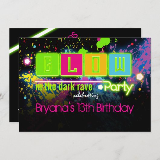 Glühen in der dunklen Neonfarbe Party Einladung (Vorne/Hinten)