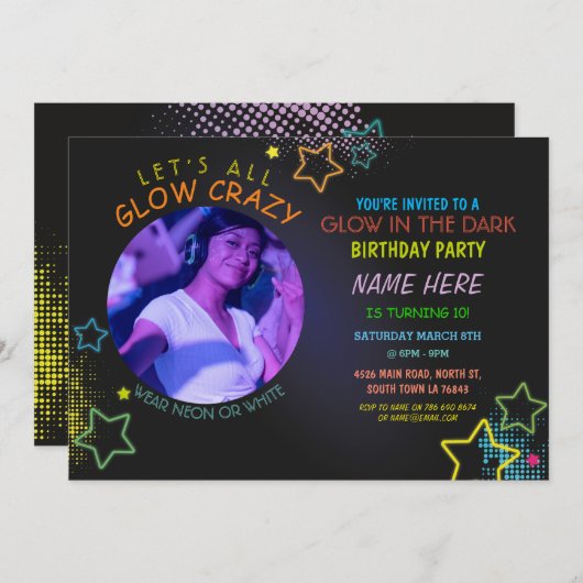 Glühen in dunkler Birthday Neon Party Foto Farbe Einladung (Vorne/Hinten)