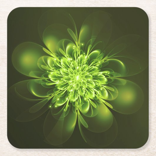 Glühende Blume Fraktal Glitzern Grün Rechteckiger Pappuntersetzer (Vorderseite)