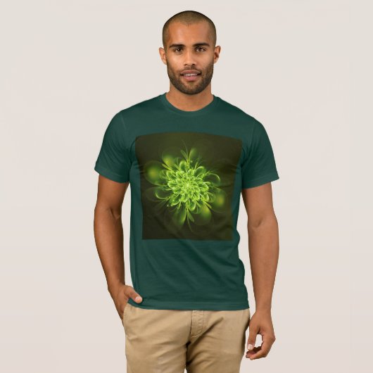 Glühende Blume Fraktal Glitzern Grün T-Shirt (Vorne ganz)