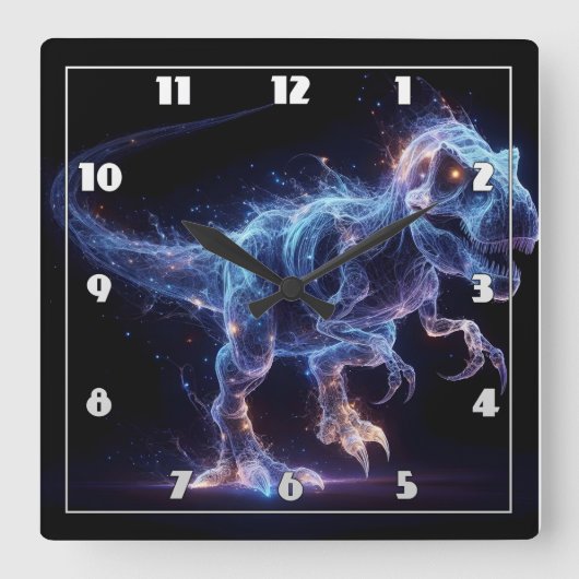 Glühende Dinosaurier Roaming in einem sternförmige Quadratische Wanduhr (Vorderseite)