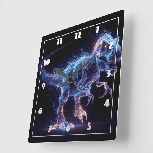 Glühende Dinosaurier Roaming in einem sternförmige Quadratische Wanduhr (Winkel)